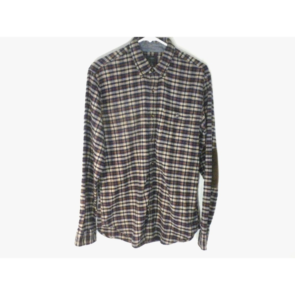 J Crew Shirt Mens M Blue Brown Plaid Flannel Wool Blend Leather Elbow Patch - Picture 2 of 11